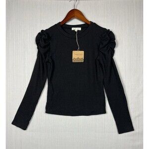 Moa Moa Black Puff Sleeve Crew Neck Stretch Ribbed Top USA‎ Made Soft Goth Sz S